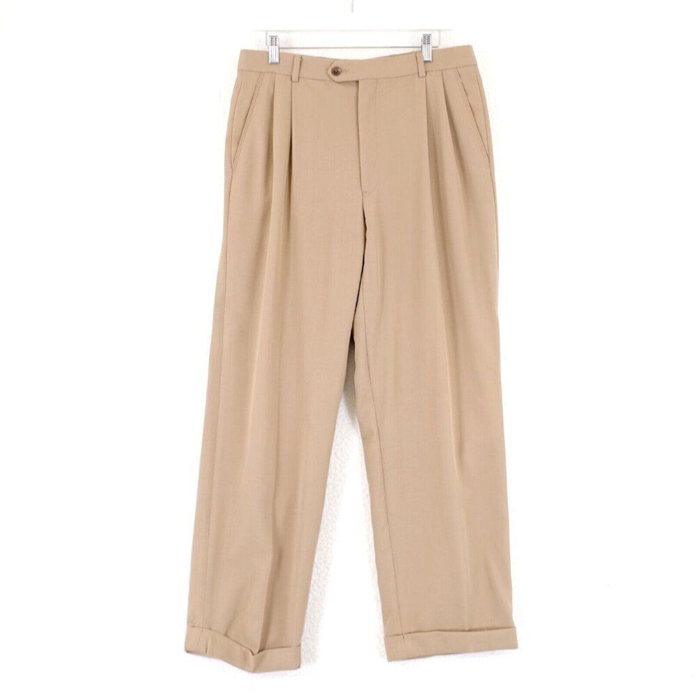 DAMAGED Joseph Feiss Wool Tan 33/30 Dress Pants Mid Rise Pleated Cuffed Lined Pa